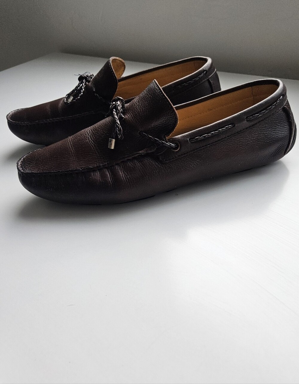 Saks Fifth Avenue Pebbled Brown Leather Tassel Driving Moccasins Shoes